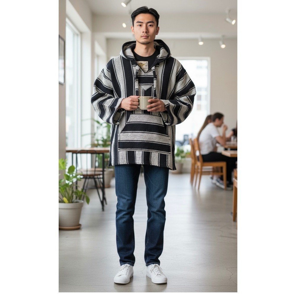 Vintage Style Earth Ragz Baja Hoodie Navy & White Striped Mexican Pullover Small